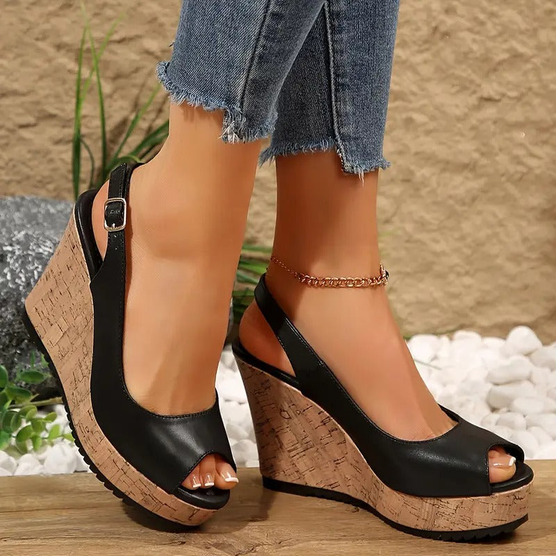 Sandalias Mujer Cuña Negras Elegantes Cómodas