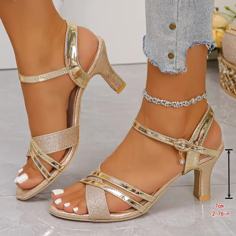 Sandalias Mujer Brillosas Doradas Elegantes Fiesta