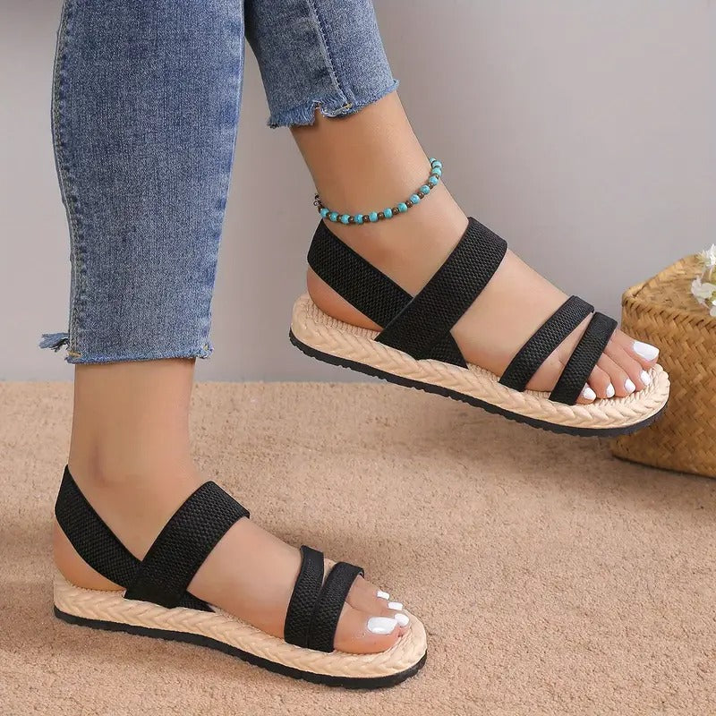 Sandalias Mujer Negras Con Tiras Elegantes Cómodas