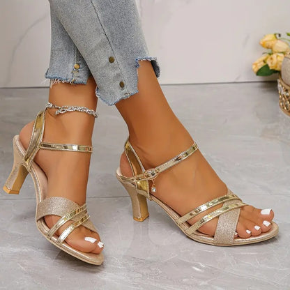 Sandalias Mujer Brillosas Doradas Elegantes Fiesta