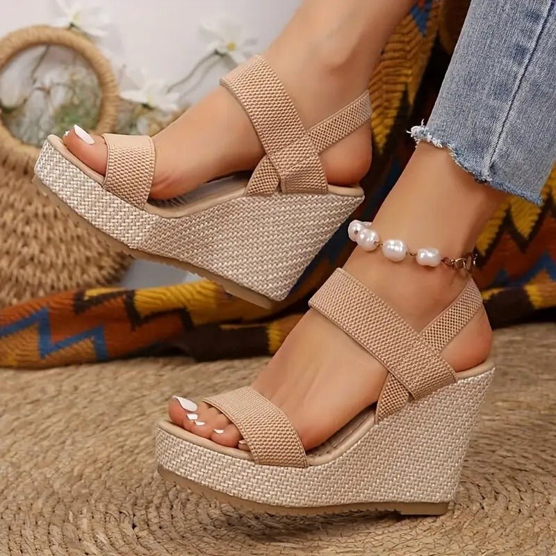 Sandalias Mujer Cuña Beige Elegantes Cómodas Primavera