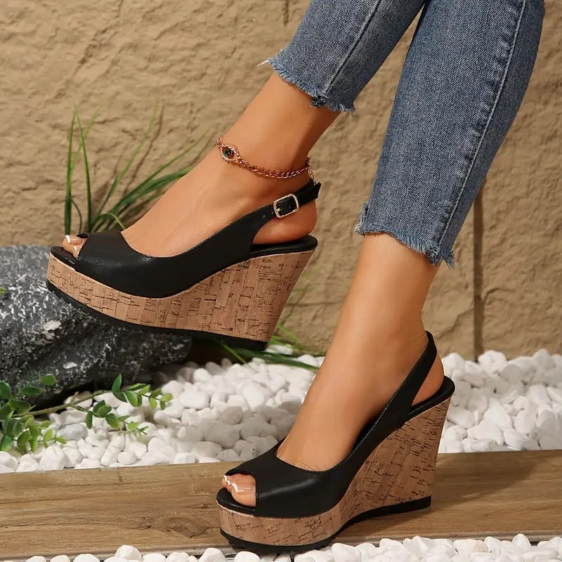 Sandalias Mujer Cuña Negras Elegantes Cómodas